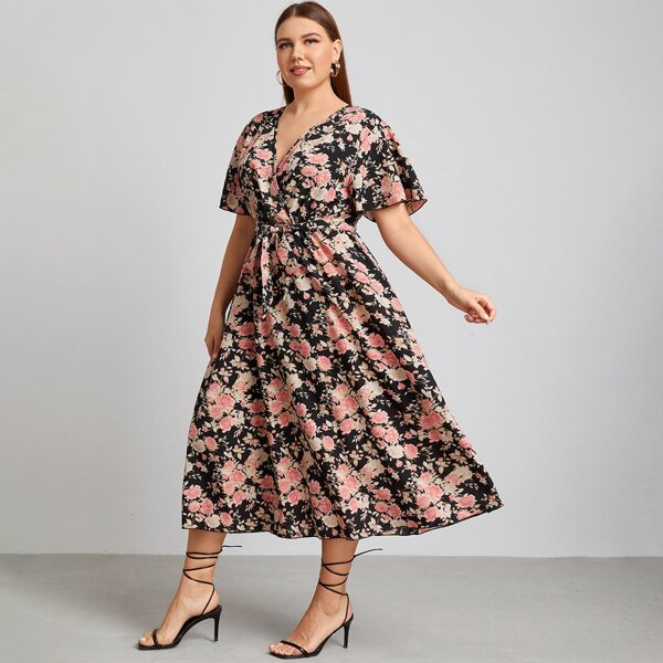 

Plus Allover Floral Print Wrap A-line Dress, Multicolor