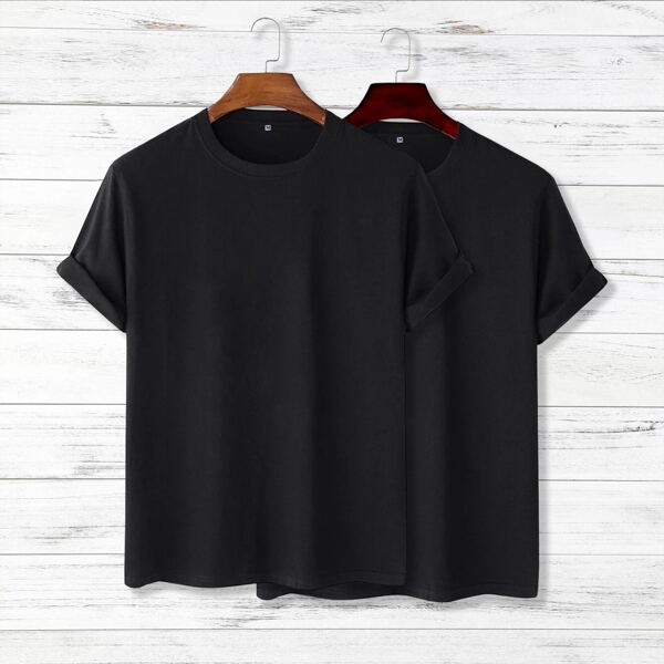 

Men 2pcs Solid Round Neck Tee, Black
