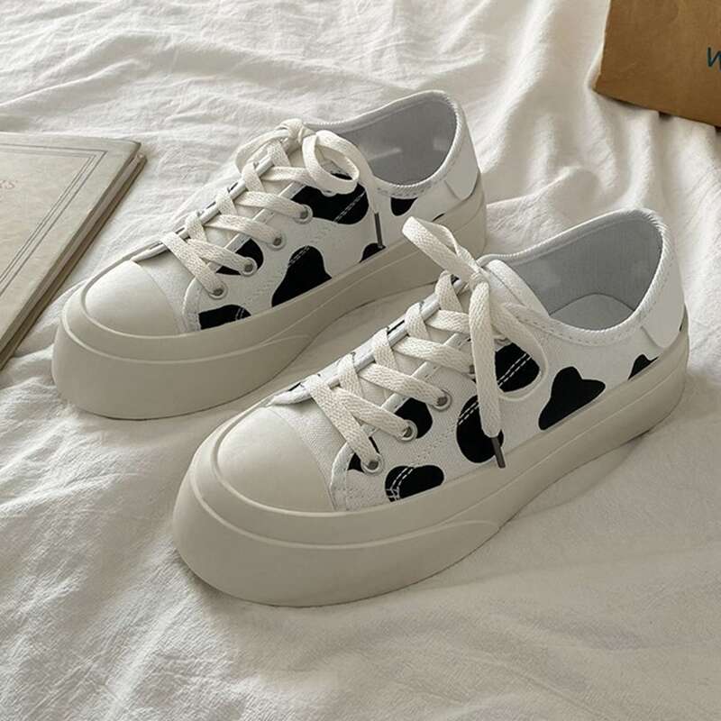 

Cow Print Canvas Sneakers, Black and white