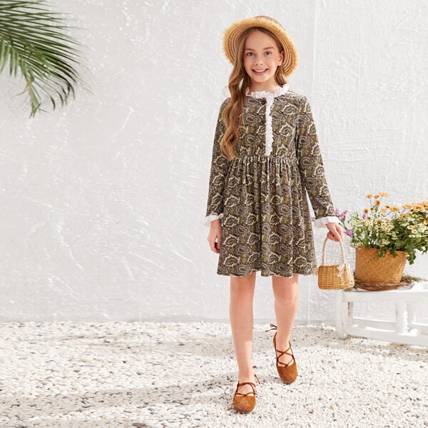 

Girls Schiffy Ruffle Trim Buttoned Front Paisley Print Dress, Multicolor