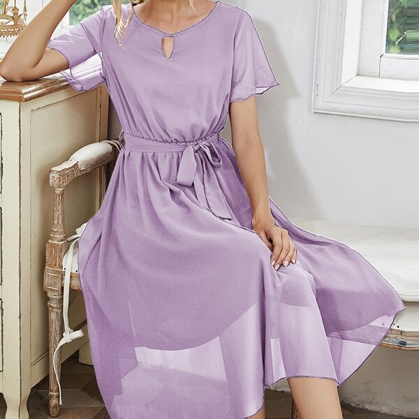 

Chiffon Keyhole Neck Belted A-line Dress, Lilac purple