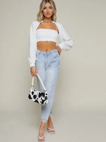 SHEIN BAE Curb Chain Long Sleeve Shrug Jumper - White - View 5