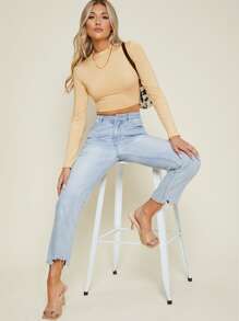 SHEIN Privé Long Sleeve Mock Neck Crop Top - Khaki - View 5