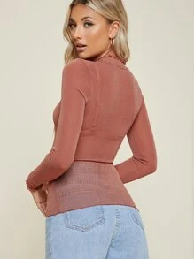 SHEIN BAE 生菜邊閃亮網紗上衣不帶胸罩 - 乾枯玫瑰色 - 查看 2