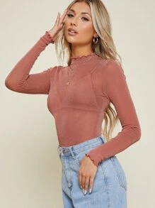 SHEIN BAE 生菜邊閃亮網紗上衣不帶胸罩 - 乾枯玫瑰色 - 查看 3