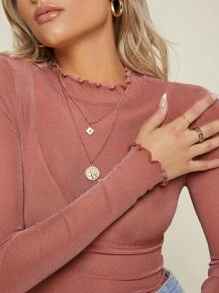 SHEIN BAE 生菜邊閃亮網紗上衣不帶胸罩 - 乾枯玫瑰色 - 查看 4