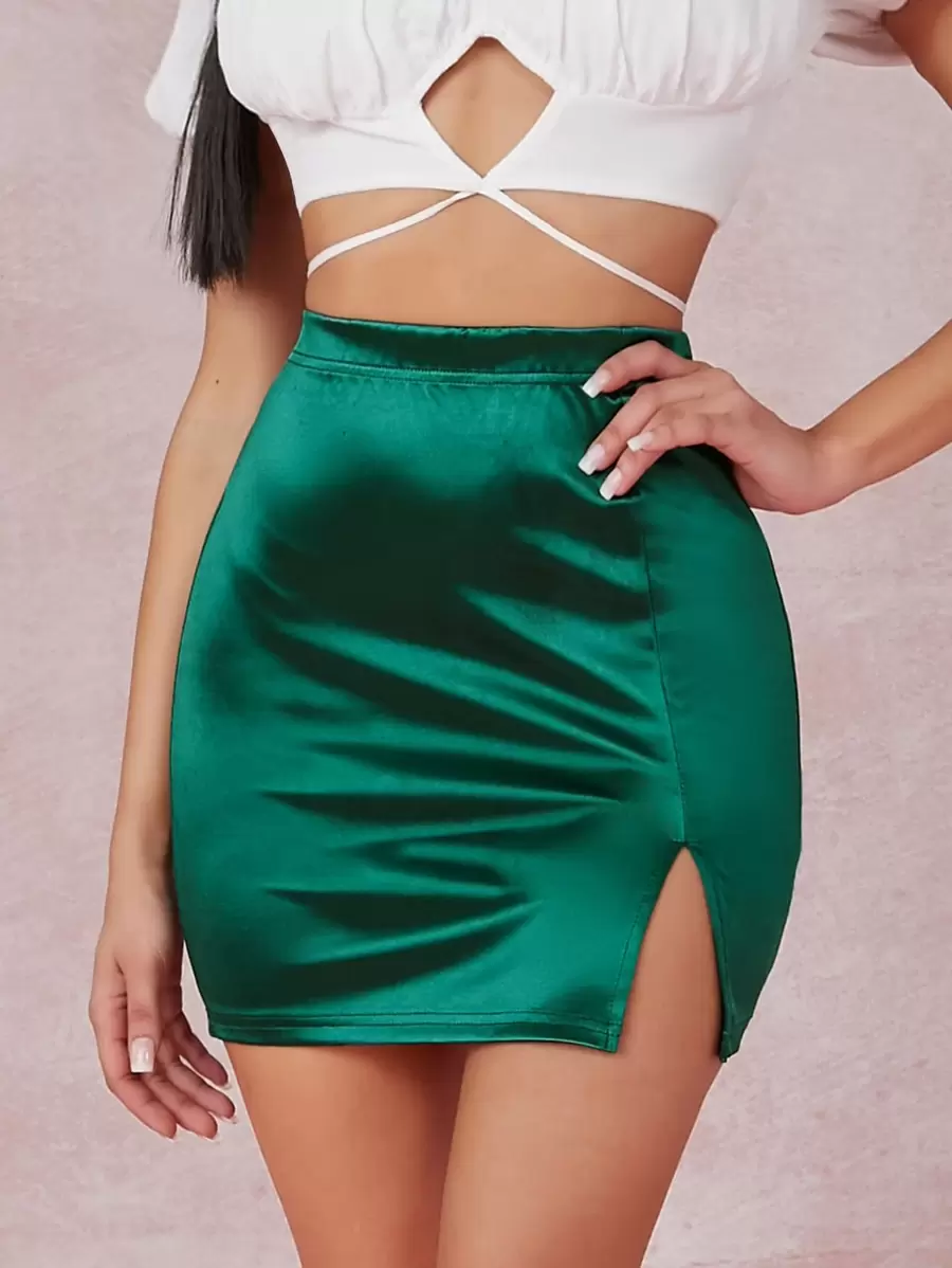 SHEIN BAE Falda de satén con abertura de cintura alta - Verde Oscuro - Ver 1