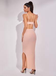 SHEIN BAE Cutout Solid Split Hem Dress - Baby Pink - View 2