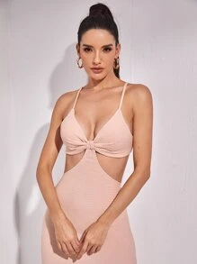 SHEIN BAE Cutout Solid Split Hem Dress - Baby Pink - View 5