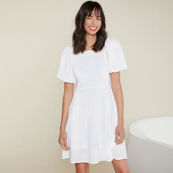 

Puff Sleeve Textured Solid Dress, White