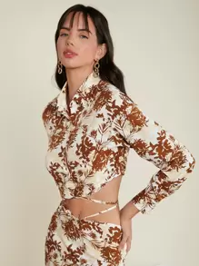 SHEIN Allover Plants Print Tie Back Shirt - Multicolor - View 1