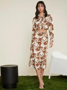 SHEIN Allover Plants Print Tie Back Shirt - Multicolor - View 5