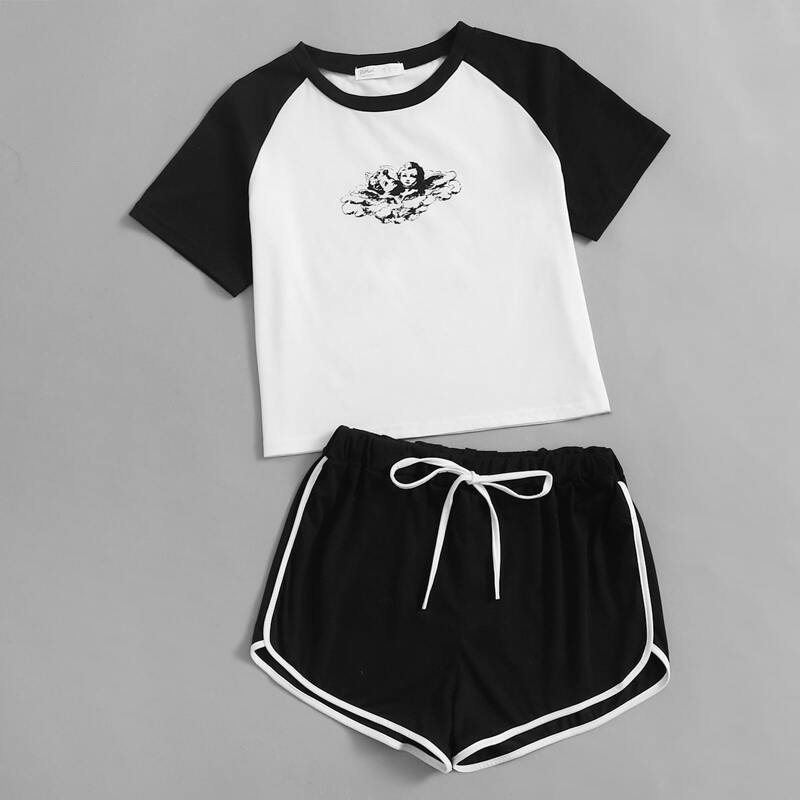 

Angel Graphic Tie Front Pajama Set, Black and white