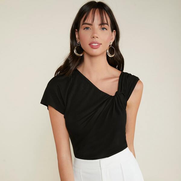 

One Shoulder Twist Front Tee, Black