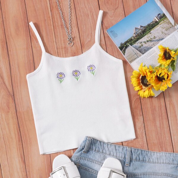 

Floral Embroidery Cami Top, White