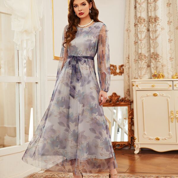 

Flower Print Mesh Belted Dress, Multicolor