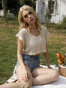 Solid Crochet Crop Knit Top - Apricot - View 1