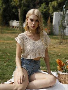 Solid Crochet Crop Knit Top - Apricot - View 3