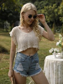 Solid Crochet Crop Knit Top - Apricot - View 5