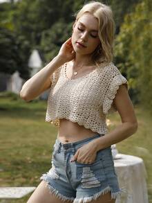 Solid Crochet Crop Knit Top - Apricot - View 7