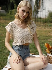 Solid Crochet Crop Knit Top - Apricot - View 8