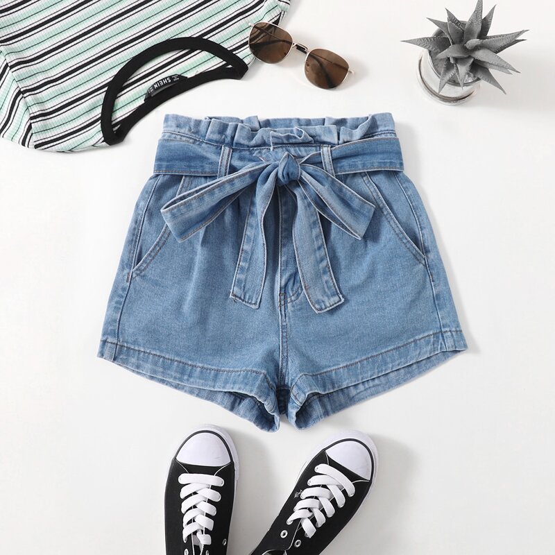 

Paperbag Waist Belted Denim Shorts, Light wash