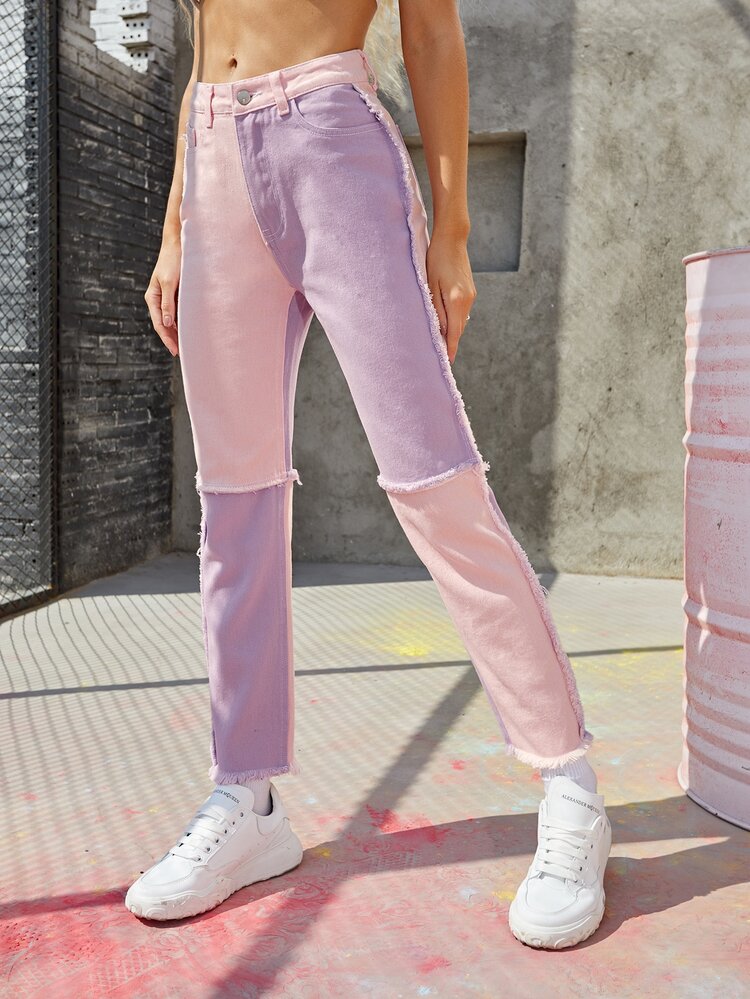 High Waisted Raw Hem Straight Jeans - Multicolor - View 4