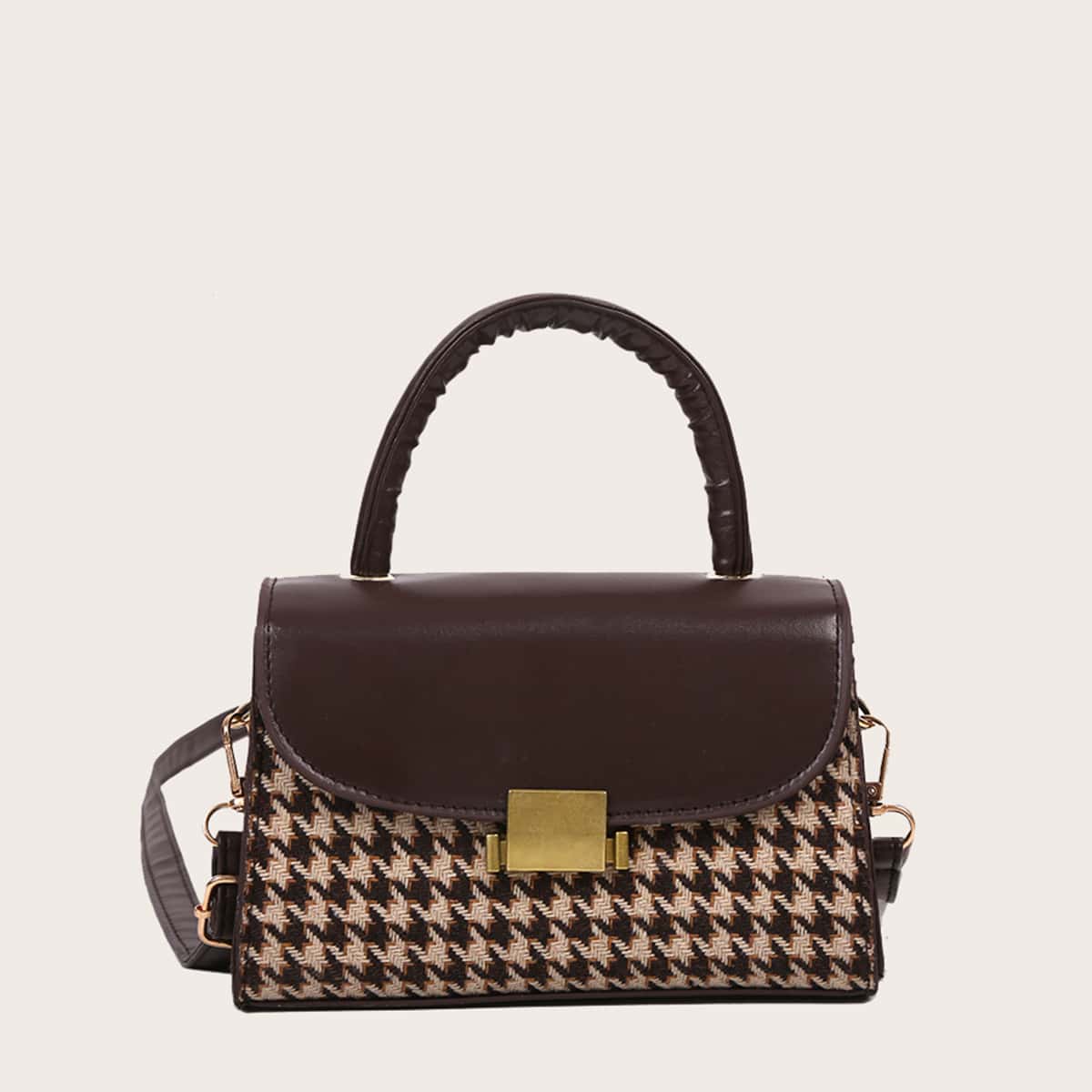 

Houndstooth Satchel Bag, Coffee brown