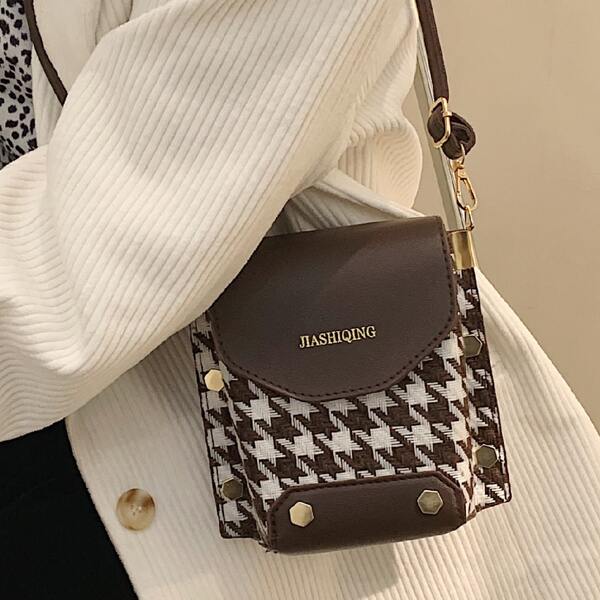 

Houndstooth Crossbody Bag, Brown