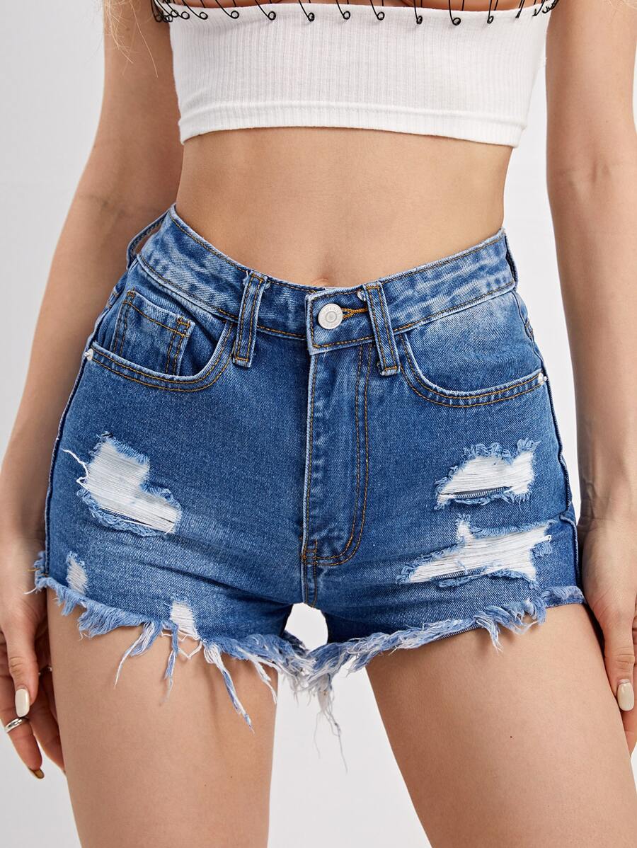 休閒破洞簡約牛仔短褲 - 中等水洗藍 - 查看 1