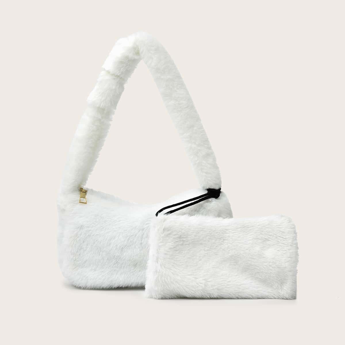 

Fluffy Baguette Bag With Purse, White