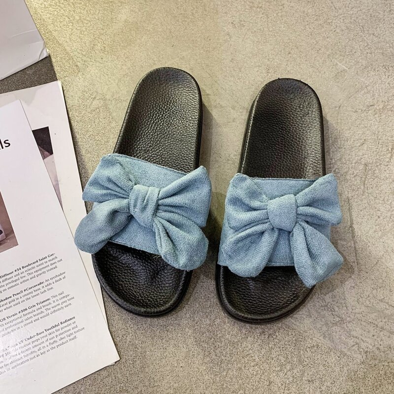 

Bow Band Slide Sandals, Dusty blue