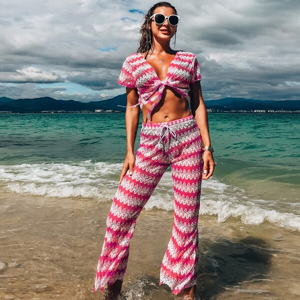 

Chevron Knot Front Top With Pants Cover Up Set, Hot pink