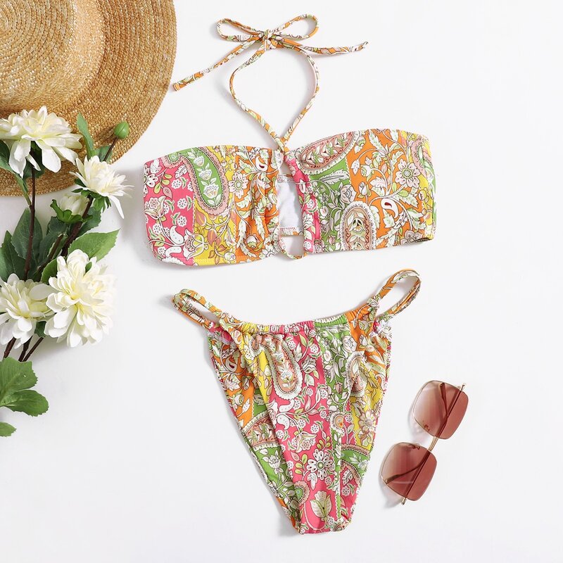 

Floral High Cut Bikini Swimsuit, Multicolor