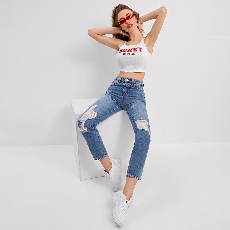 

Ripped Straight Leg Jeans, Medium wash
