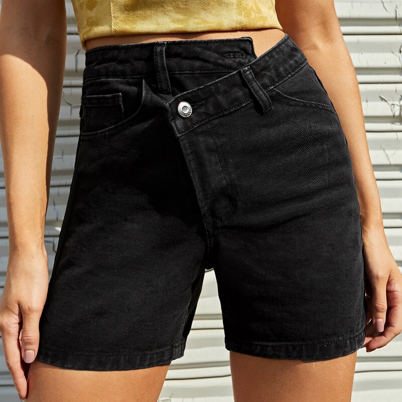 

Foldover Waist Denim Shorts, Black