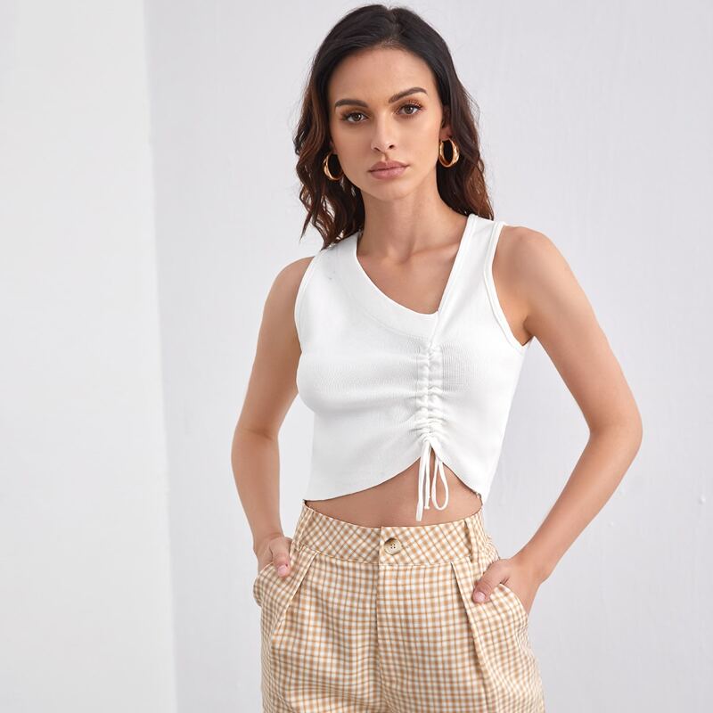 

Asymmetrical Neck Drawstring Detail Knit Top, White