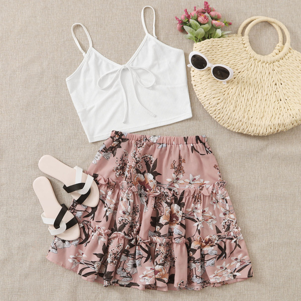 

Plus Knot Front Cami Top With Floral Skirt, Multicolor
