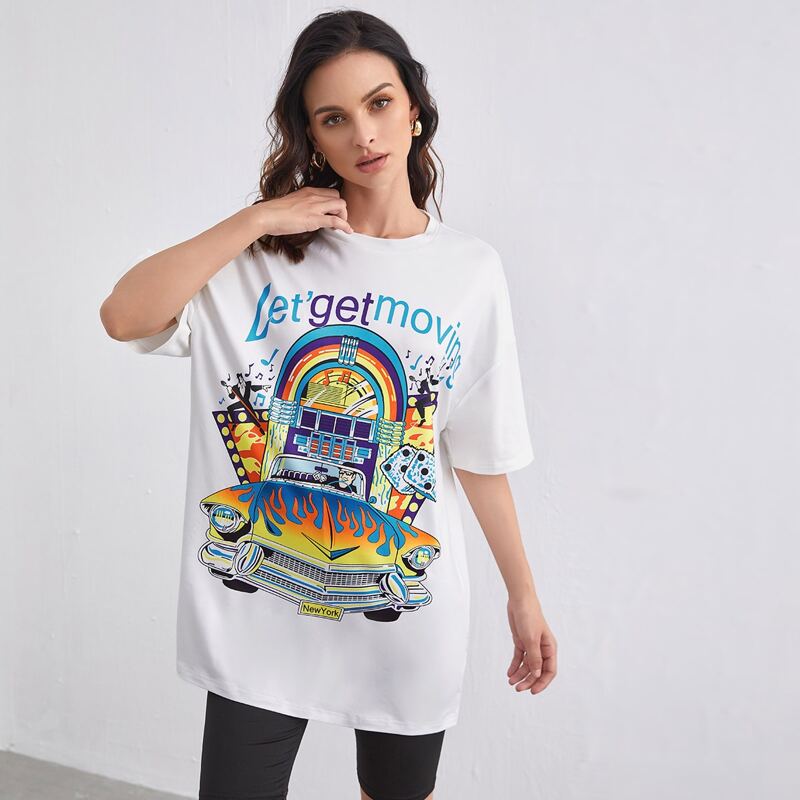 

Slogan & Car Print Tee, White