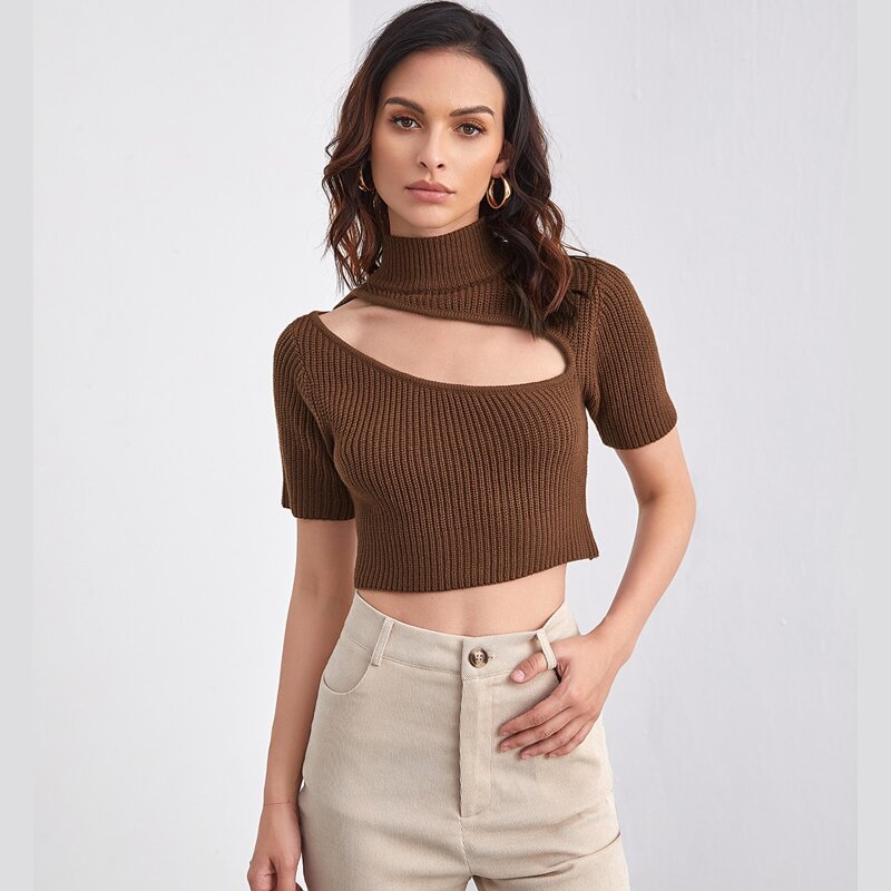 

Mock Neck Cut Out Knit Top, Coffee brown
