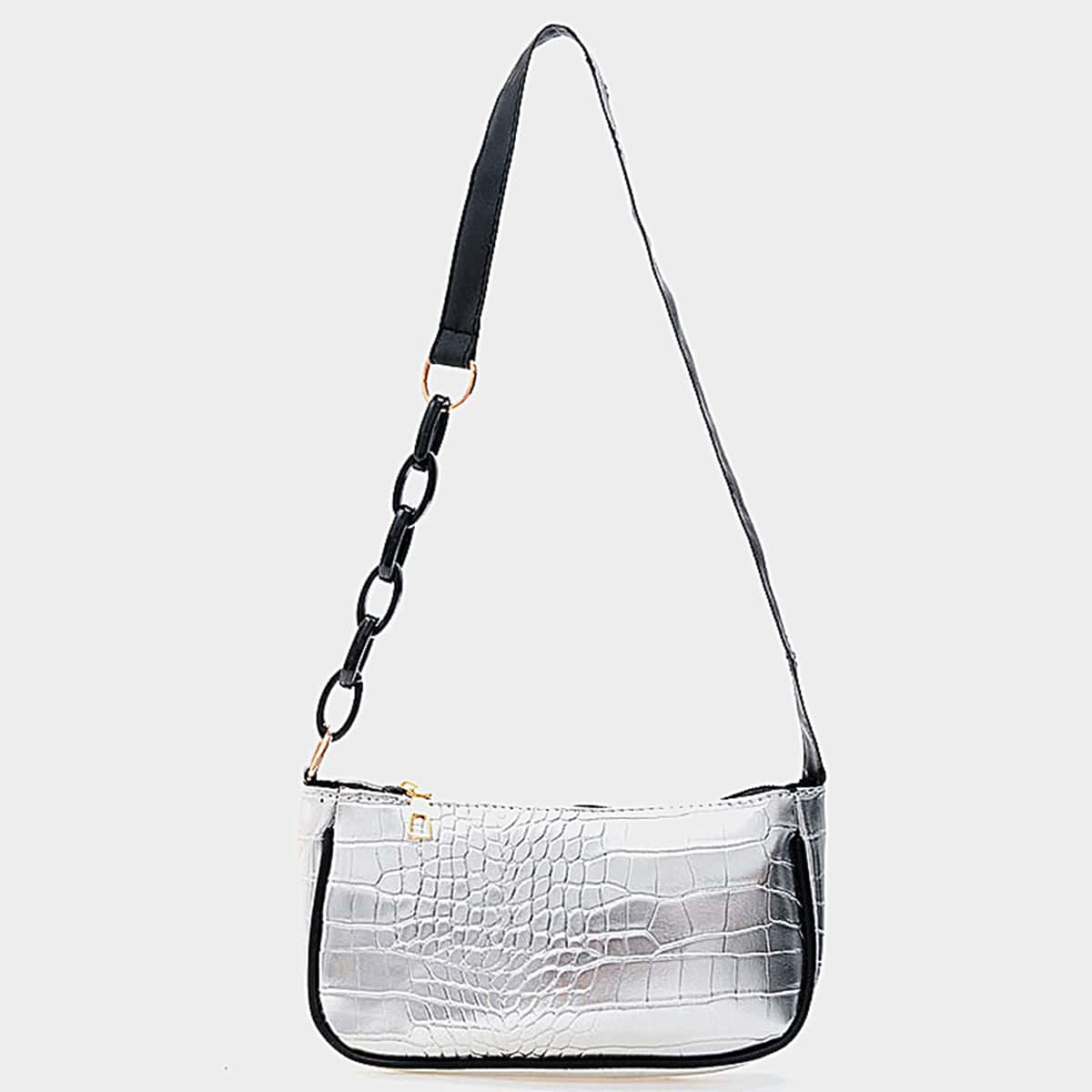 

Croc Embossed Baguette Bag, Silver