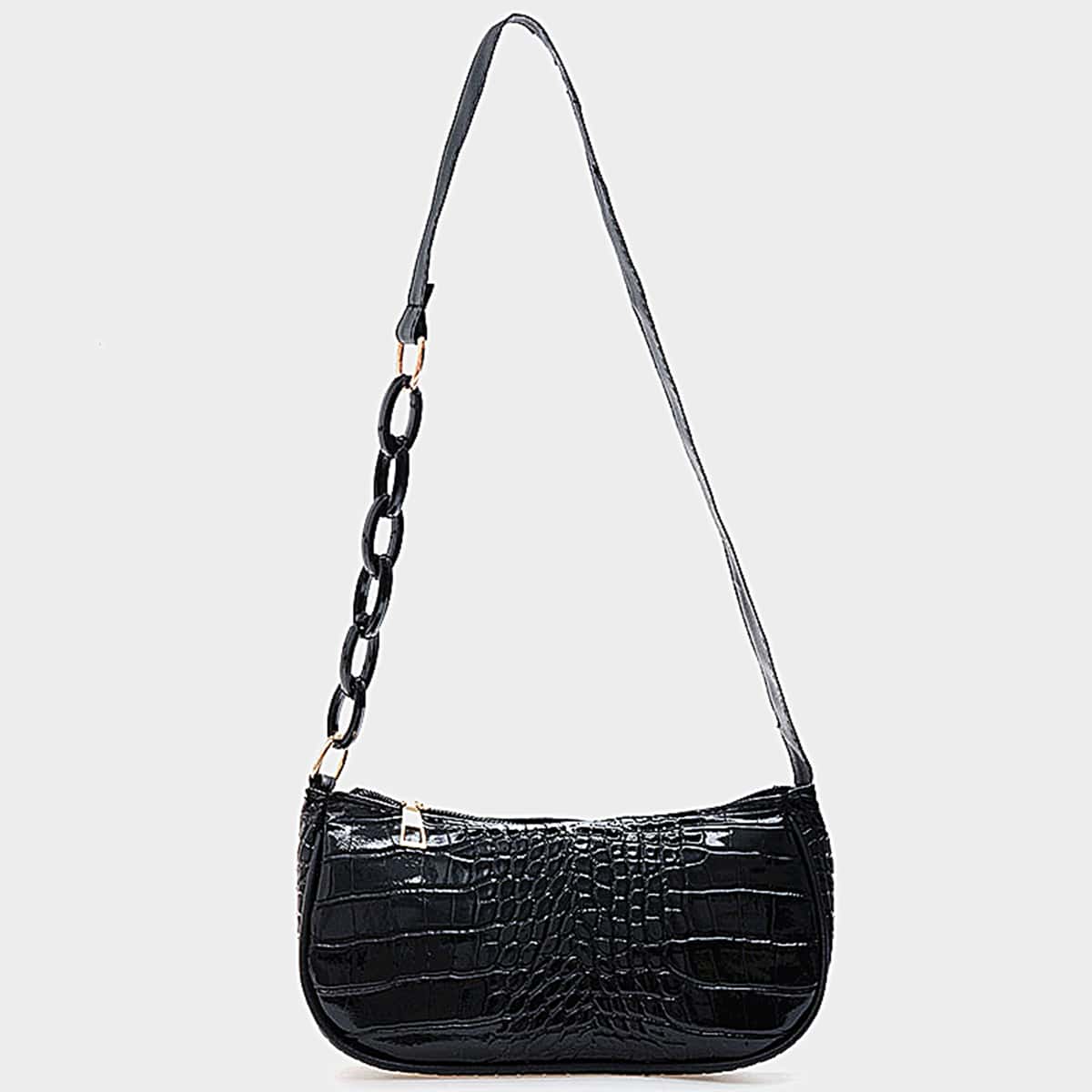 

Croc Embossed Baguette Bag, Black