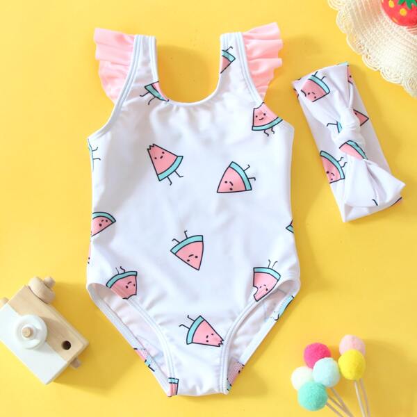 

Baby Girl Watermelon Print One Piece Swimsuit & Headband, White
