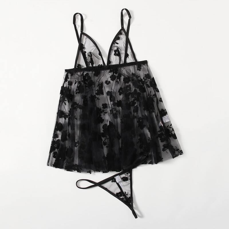 

Mesh Floral Graphic Lingerie Set, Black