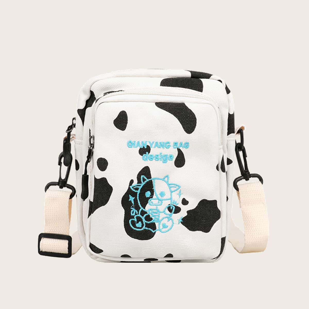 

Cow Print Canvas Crossbody Bag, Black and white
