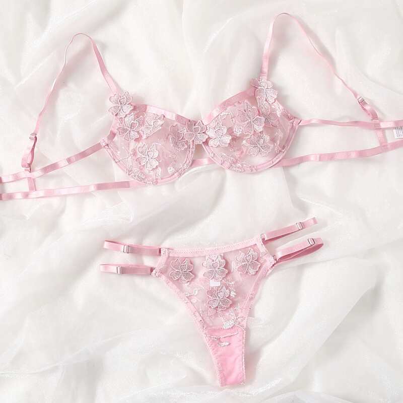 

Embroidery Floral Lingerie Set, Baby pink