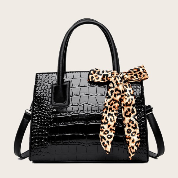 

Bow Decor Croc Embossed Tote Bag, Black