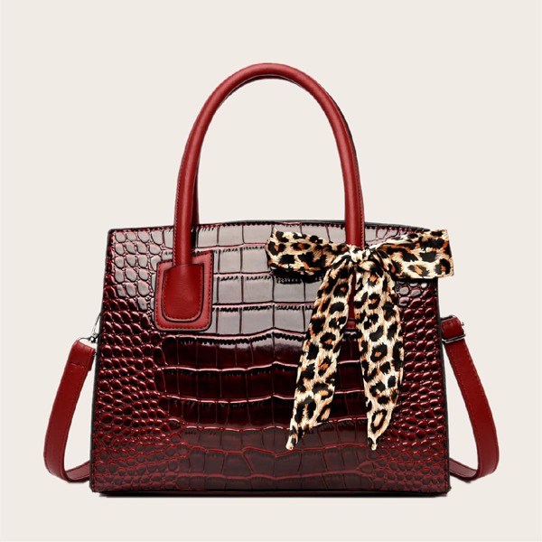 

Bow Decor Croc Embossed Tote Bag, Burgundy