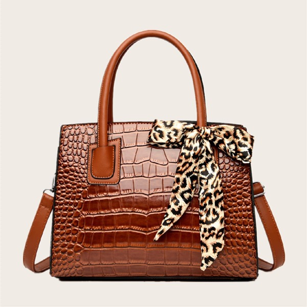

Bow Decor Croc Embossed Tote Bag, Brown
