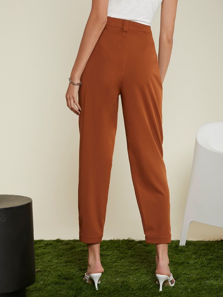 Solid Fold Pleated Pants - Brown - View 2